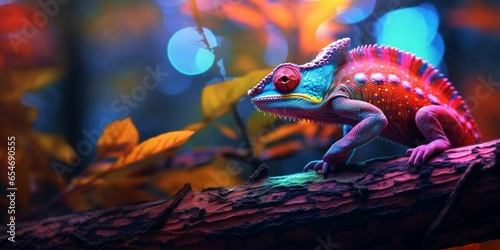 Colorful Chameleon Perched on a Tree Branch with Vibrant Neon Light Effect. Digital Art