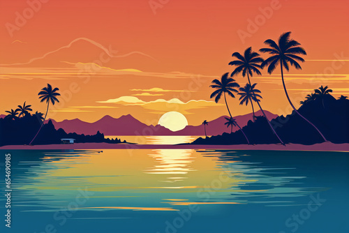 Tropical travel poster island with palm trees sunset vacation vector illustration