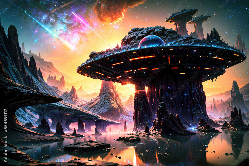 Alien technology constructions, space base on an alien planet, science fiction landscape.