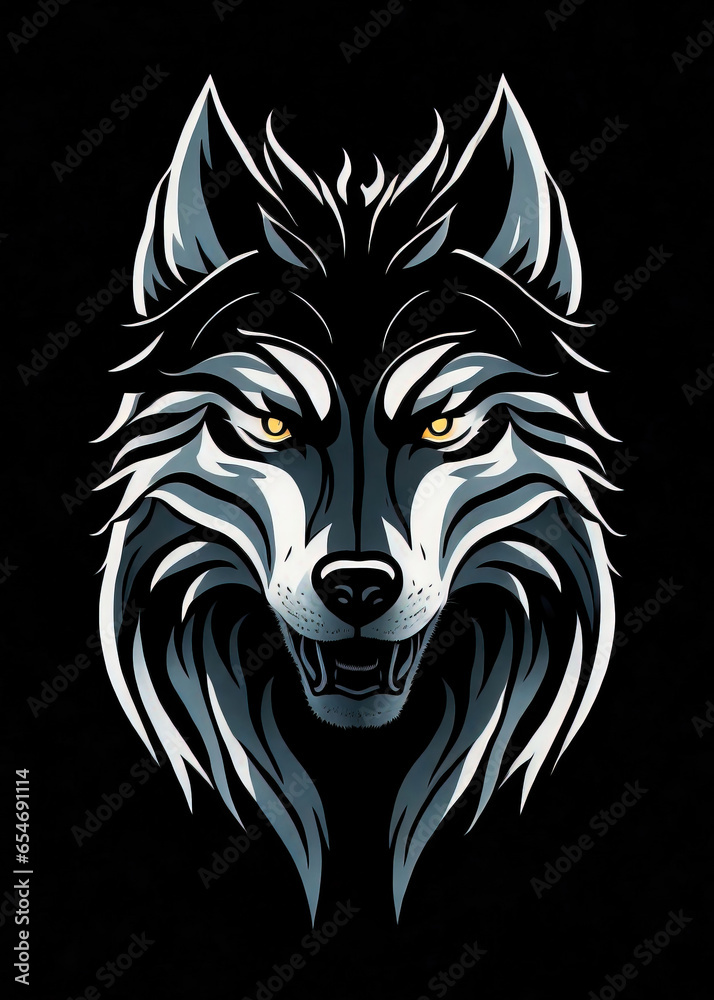Wolf head white logo isolated on black background, wolf artictic design.