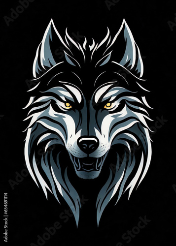 Wolf head white logo isolated on black background  wolf artictic design.