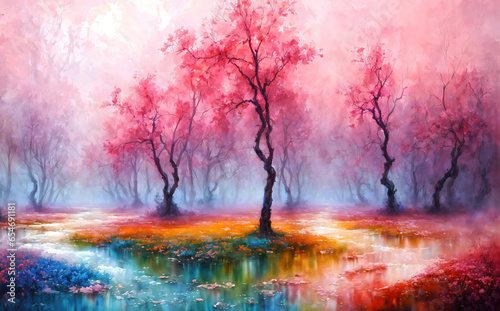 Watercolor landscape art with multicolored forest, surreal sakura trees with colorful leaves, artistic vision of spring. © Cobalt