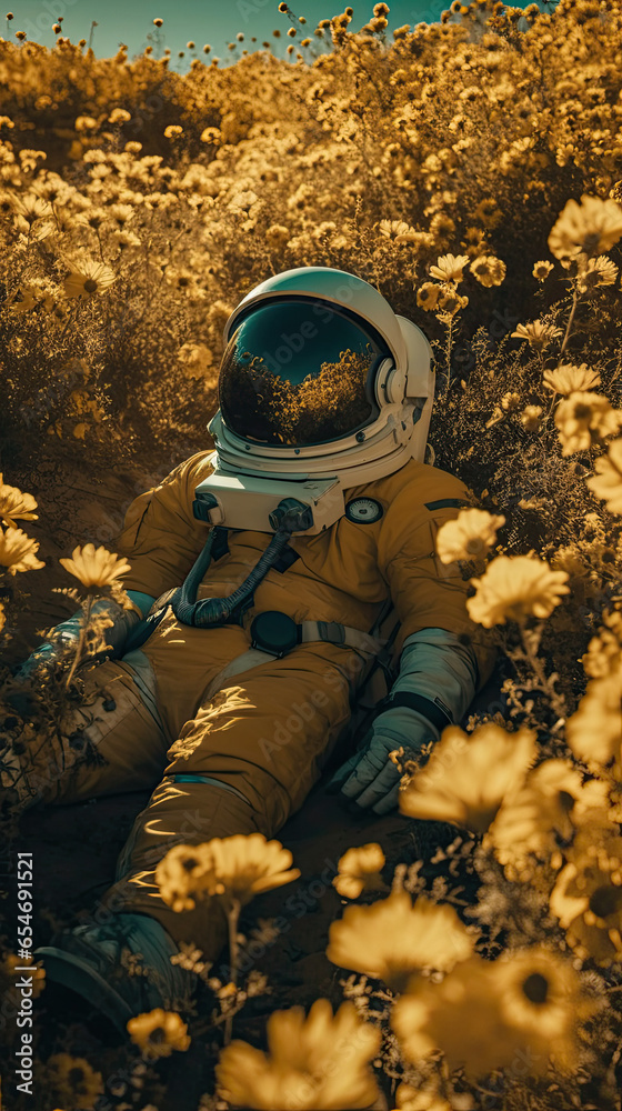 Cosmic Repose: Biomechanical Astronaut Amidst a Meadow of Yellow Dahlias in Golden Hour Cosmic Repose: Biomechanical Astronaut Amidst a Meadow of Yellow Dahlias in Golden Hour
