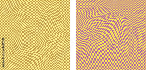 Collection of retro checkerboard backgrounds featuring vivid hues. A groovy and psychedelic chessboard pattern inspired by the 60s and 70s. Perfect for print templates, textiles.