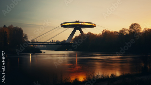 Tela andycko_A_realistic_circular_tower_in_shape_of_a_flying_saucer