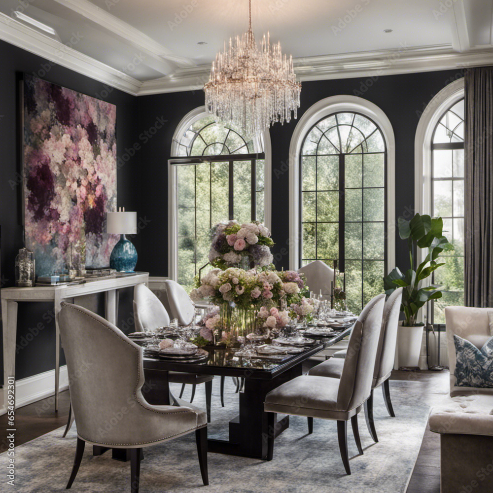 Elegant dining room with crystal chandelier, dark wood table, velvet upholstered chairs, large statement art piece, tall windows with lush garden view, sophisticated color scheme, detailed textures, c