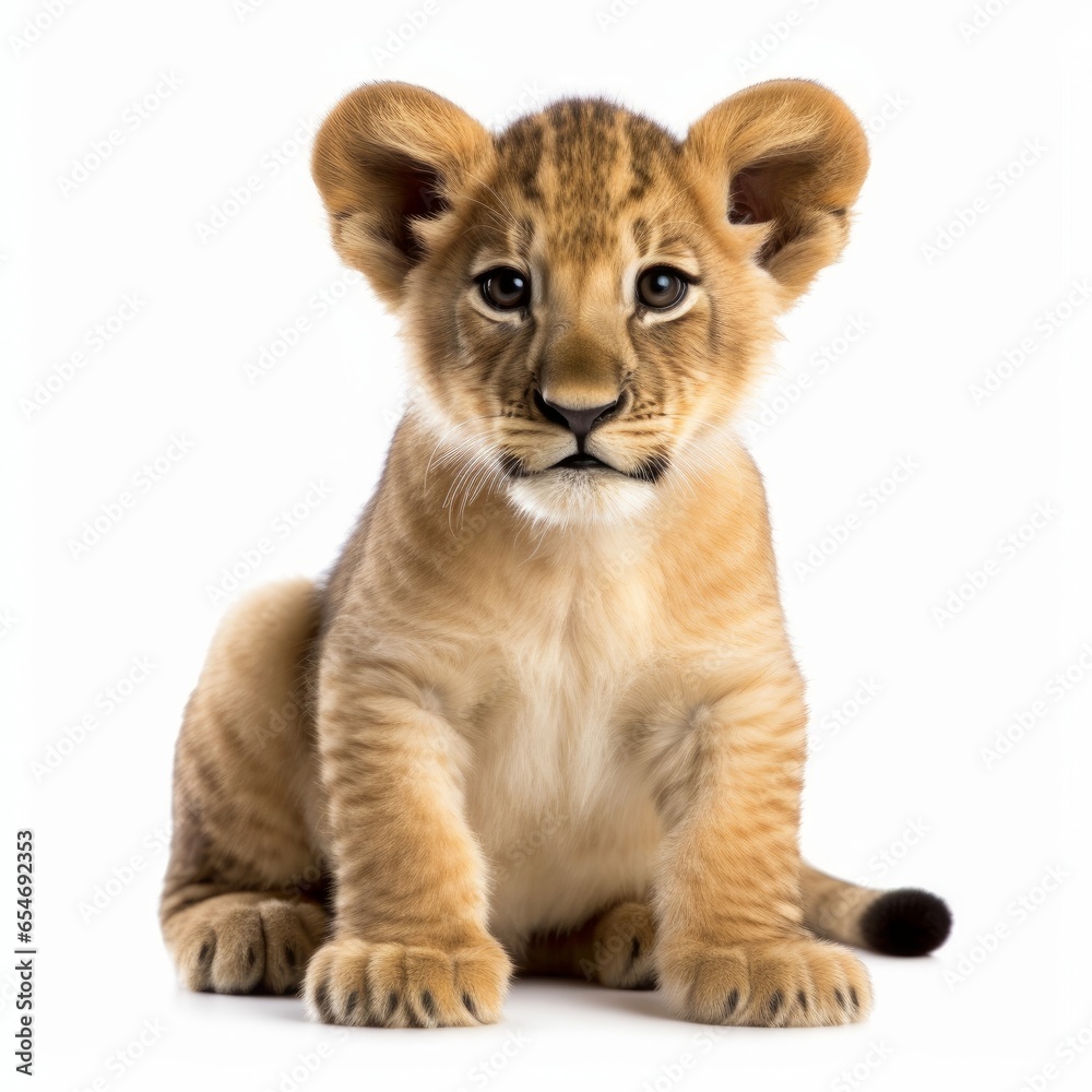 Lion cub sitting , isolated on white background cutout AI 