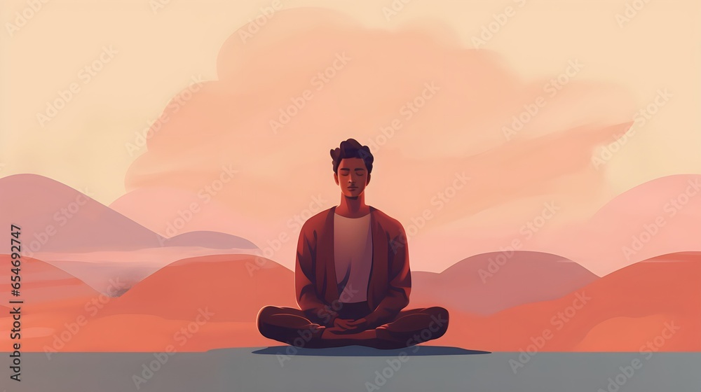 Minimalis Vector illustration of a man sitting in yoga position, breathtakingly beautiful, aesthetic, soft colors - obrazy, fototapety, plakaty 