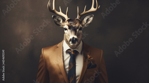 Deer in clothes with shiny horns Business man in suit