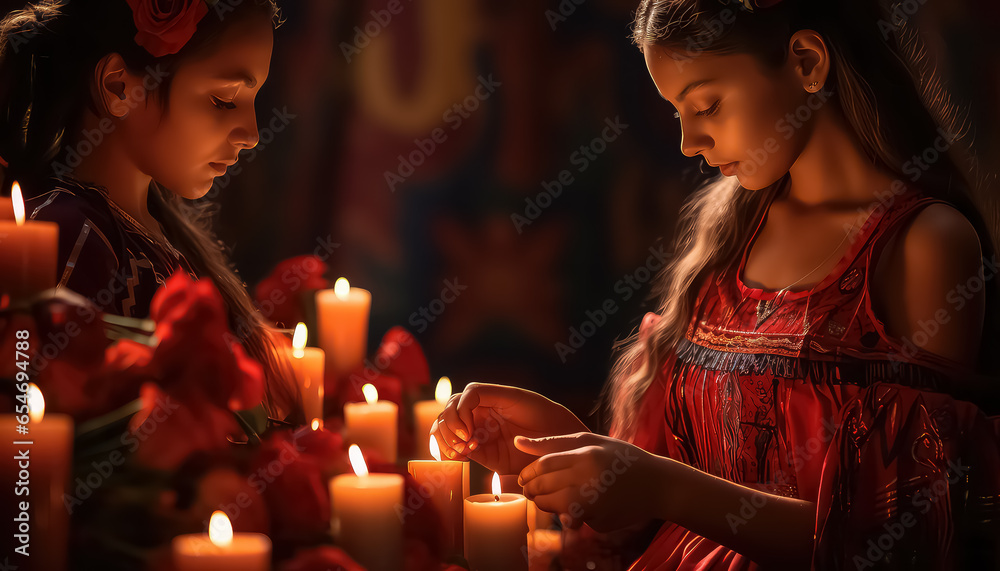 Women light candles during the Day of the Dead in Mexico - obrazy, fototapety, plakaty 