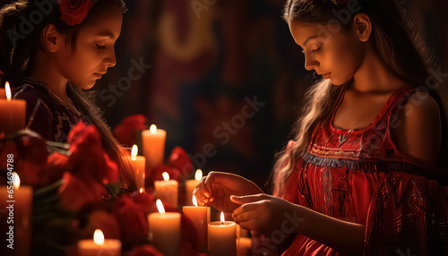 Women light candles during the Day of the Dead in Mexico