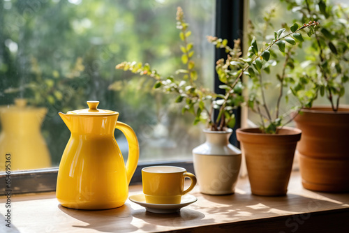 Yellow coffee cup and moka pot and plant pot in front of glass window photo