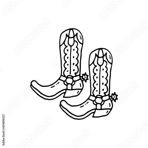 Cowboy boots with spurs, men's shoes for ranch work or riding. Doodle. Vector illustration. Hand drawn. Outline.