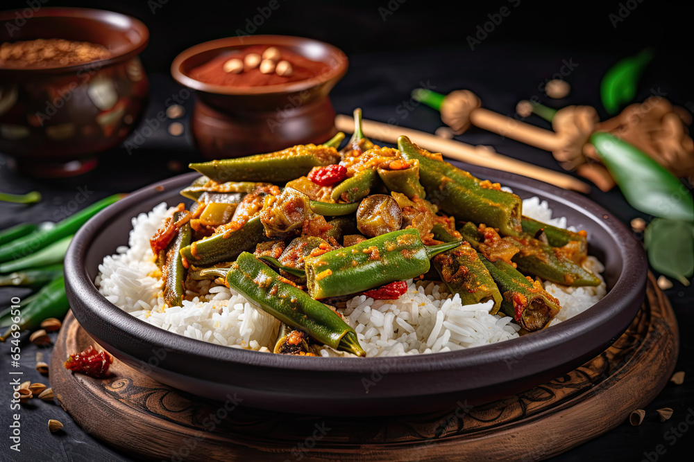 Spiced to Perfection: A Vibrant Plate of Bhindi Masala Paired with Fluffy Rice Spiced to Perfection: A Vibrant Plate of Bhindi Masala Paired with Fluffy Rice