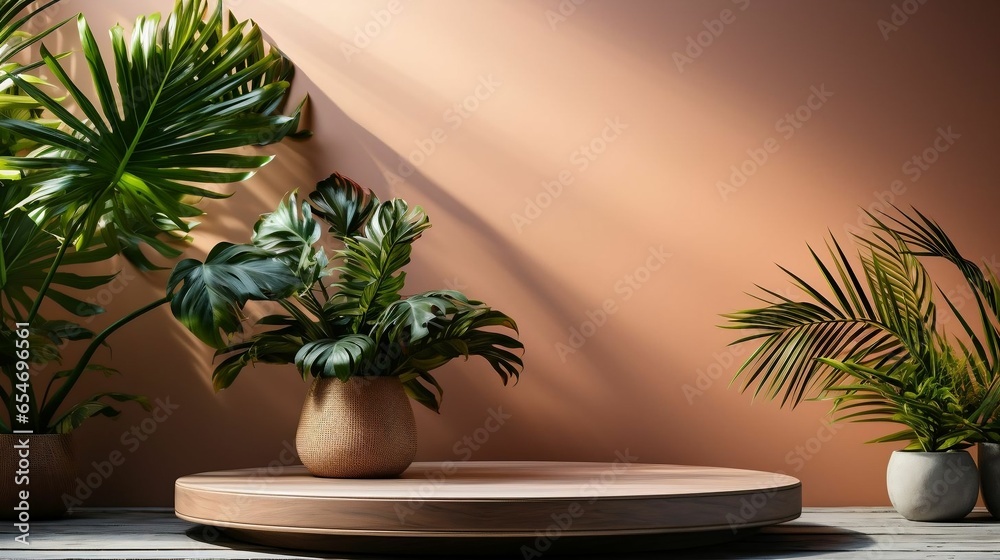 Empty display podium with palm leaf platform backdrop