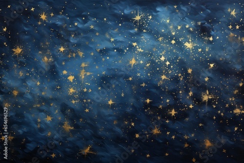 Dark blue pattern with gold foil constellations, stars and clouds. Watercolor night sky background
