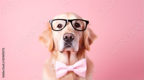 Dog in glasses and bow tie sitting on a pink background © Ashley