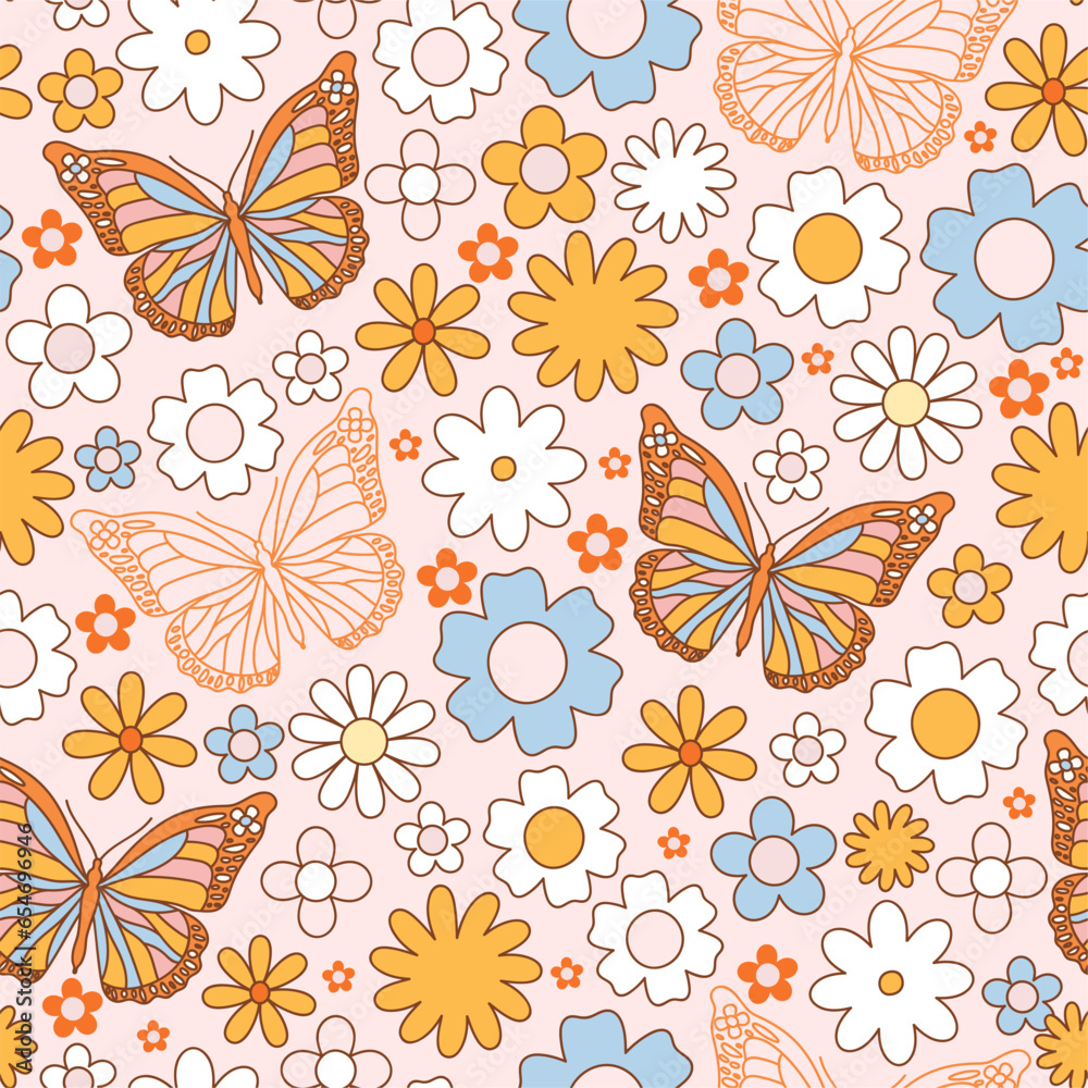 Retro 70s hippie vibrant seamless pattern with groovy flowers and butterflies. Vintage vector surface design for invitation, wrapping paper, packaging etc. Retro 70s hippie vibrant seamless pattern with groovy flowers and butterflies. Vintage vector surface design for invitation, wrapping paper, packaging etc.