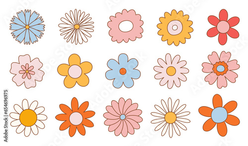 Set of various funky groovy flowers. Vintage happy daisy flowers. Hippie 60s 70s isolated vector illustration.