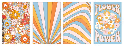 Groovy hippie retro 70s posters. Set of naive vintage greeting card. Hallucinogen funny cartoon flowers, daisy, rainbow etc. Flower Power. Vector design on Y2k aesthetic backgrounds.