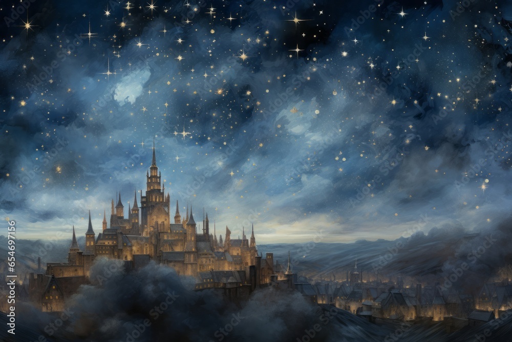 Painting of Medieval night faded Castle. Stars shining in the sky. Magic, miracle.