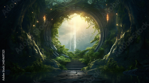 Fantasy magic portal. Portal in the elven forest