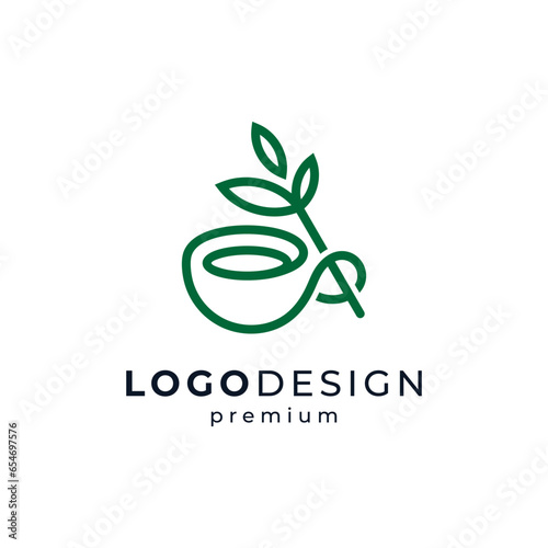 mug and leaves with line art style for tea or drinks logo design