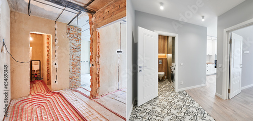 Bild auf Leinwand Comparison of old flat with underfloor heating pipes and new renovated apartment with modern interior design