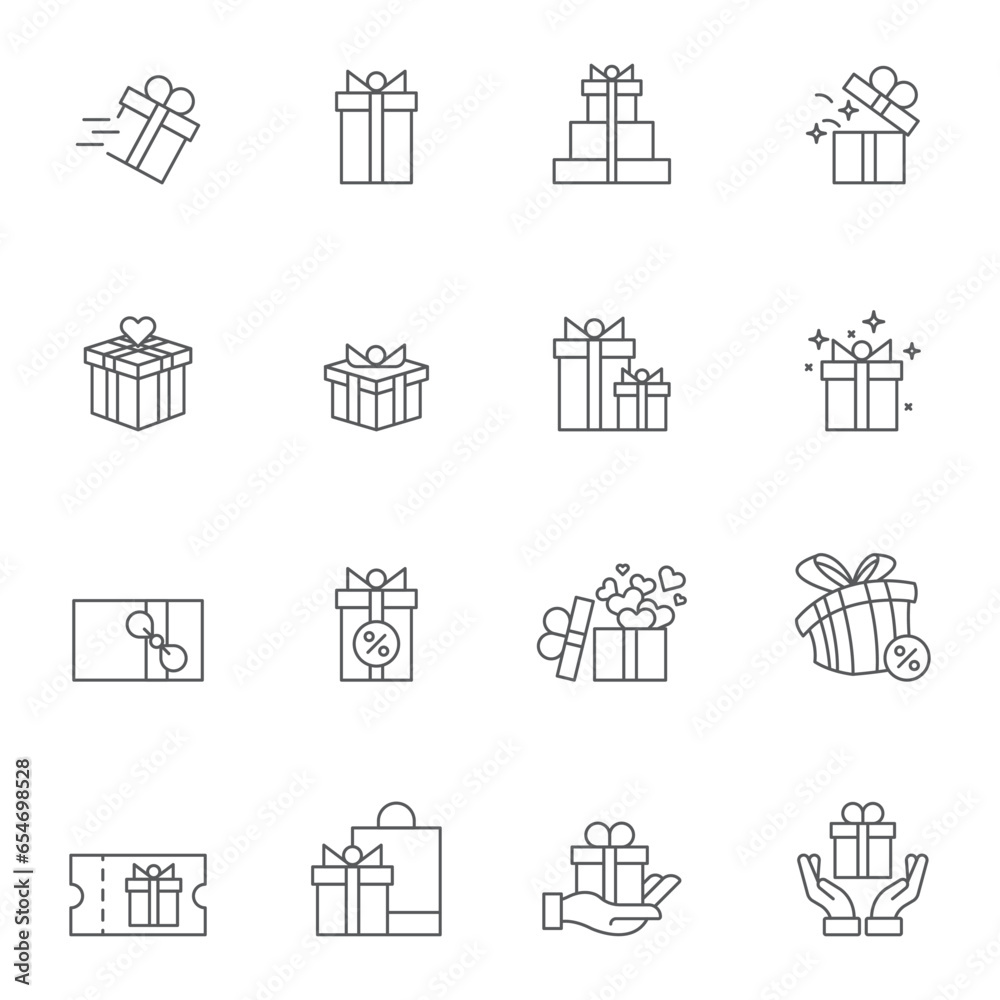 Gift box line icons set, outline vector symbol collection, linear style pictogram pack. Signs logo illustration. Set includes icons as birthday present, box with bow ribbon, surprise package