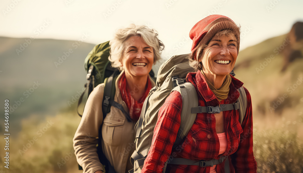 Elderly tourist couples hike in nature in autumn, walk and talk. - obrazy, fototapety, plakaty 