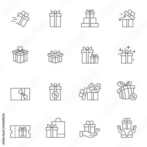 Gift box line icons set, outline vector symbol collection, linear style pictogram pack. Signs logo illustration. Set includes icons as birthday present, box with bow ribbon, surprise package