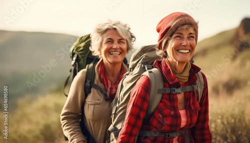 Elderly tourist couples hike in nature in autumn, walk and talk.