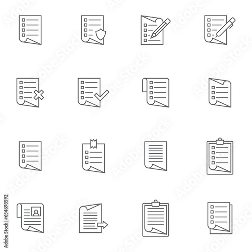 Paper document line icons set, outline vector symbol collection, linear style pictogram pack. Signs, logo illustration. The set includes icons such as report, wish list, cv resume, paper clipboard, ta