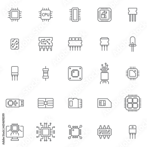 Computer microchip line icons set. linear style symbols collection outline signs pack. vector graphics. Set includes icons as Transistor chip, Microcircuit, Computer processor, Integrated circuit, led