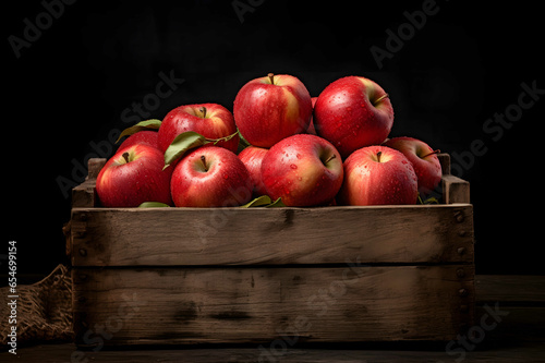 Fresh red apples in wooden box on black background