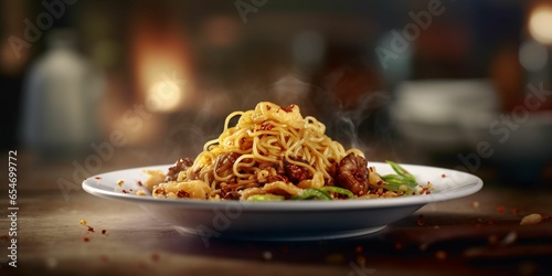 Delicious Fried Noodle with Smoky Effect on a Wooden Table