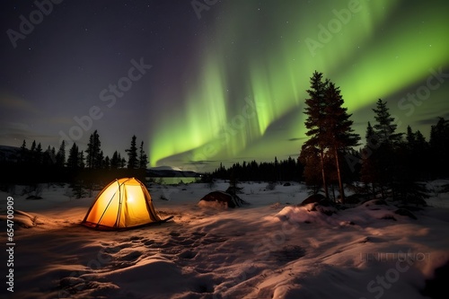 Northern light over lake and camping tent