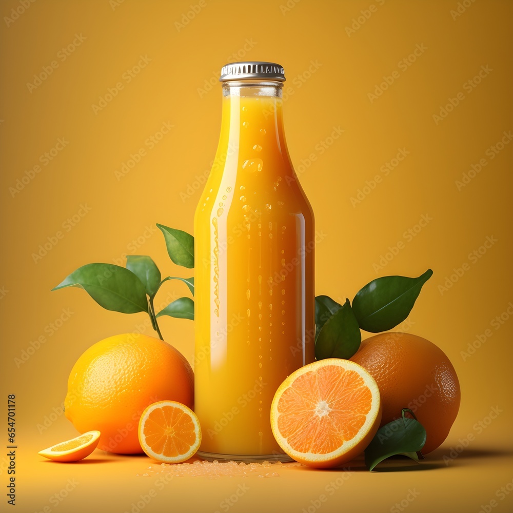 Orange juice in a glass bottle and oranges Orange juice in a glass bottle and oranges