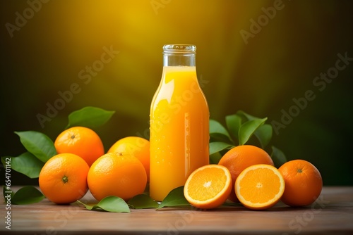 Fresh orange juice in a glass bottle with fresh fruits