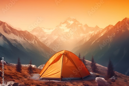 Camping in the mountains at sunset