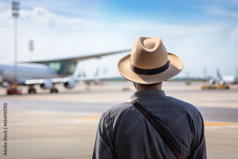 Rear view of young male tourist in hat and backpack standing at airport