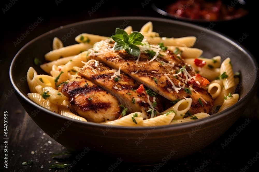 Pasta with grilled chicken fillet and tomato sauce on wooden table Pasta with grilled chicken fillet and tomato sauce on wooden table