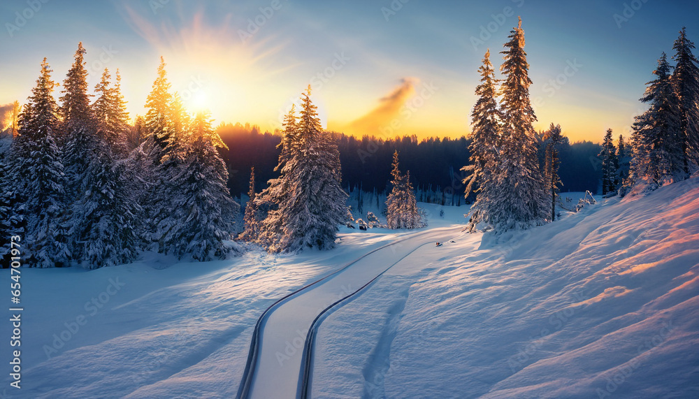 Obraz premium Dramatic sunset over a ski slope in the forest