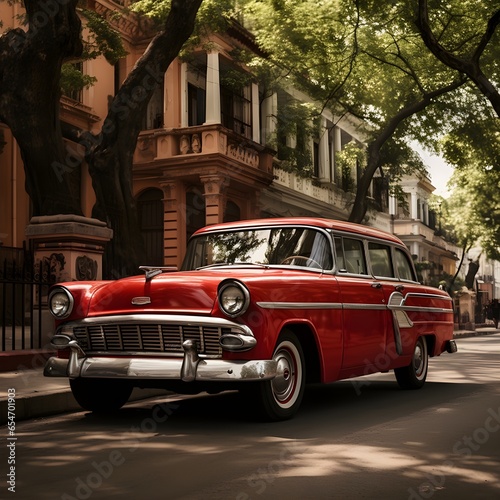 Vintage american red car in the city