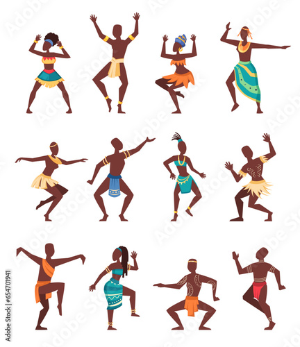african ritual dancing. ancient traditional ceremony, cartoon aboriginal ethnic dancers. vector cartoon flat characters.