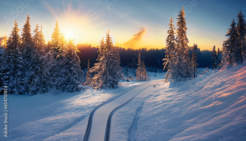 Dramatic sunset over a ski slope in the forest