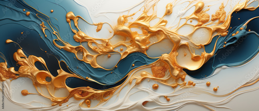 Digital abstract liquid background with gold and blue paint splashes. - obrazy, fototapety, plakaty 