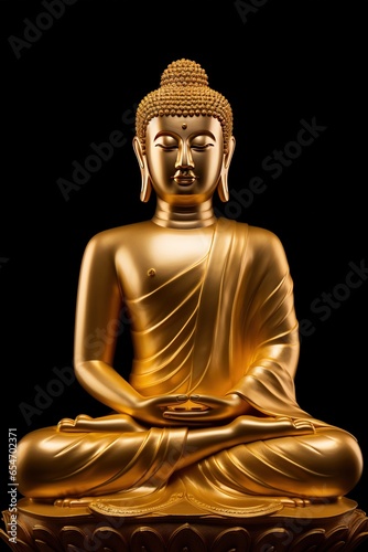 Golden buddha statue isolated on black background.
