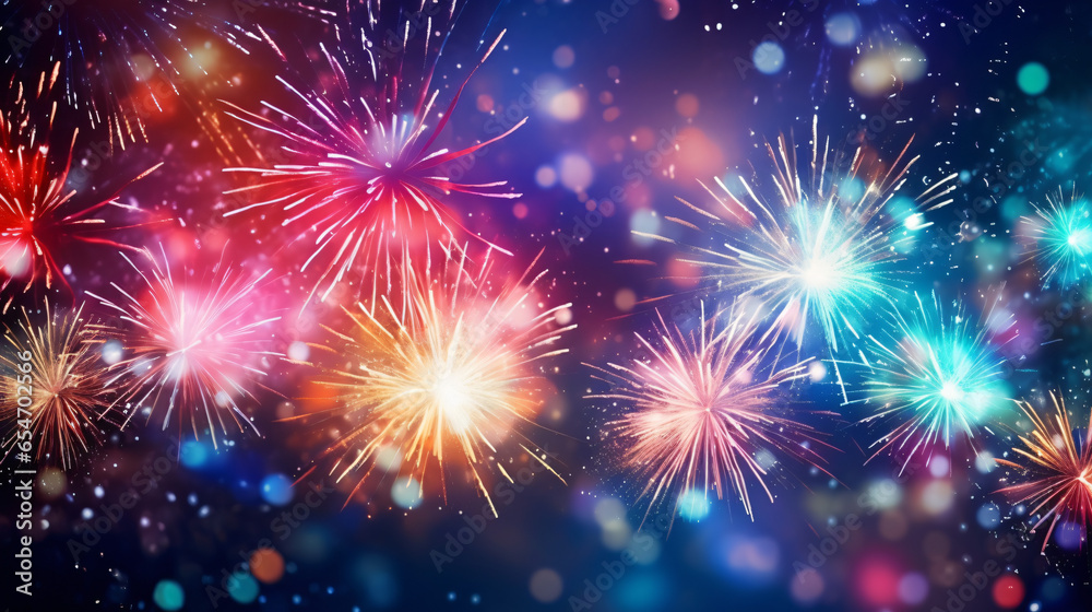Fototapeta premium Colorful firework with bokeh background. New Year celebration, Abstract holiday background