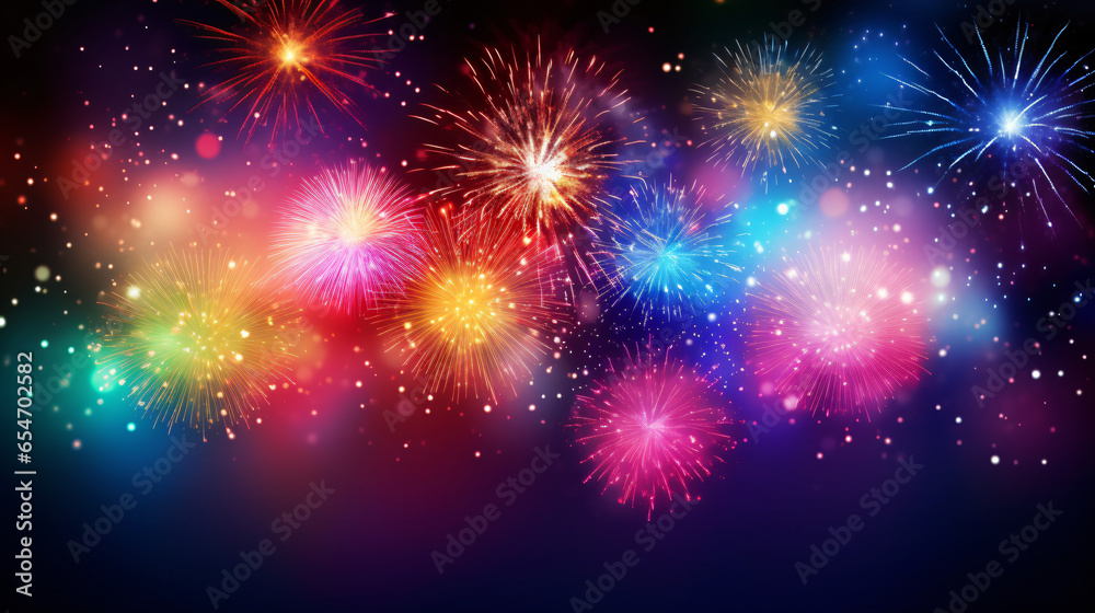 Colorful firework with bokeh background. New Year celebration, Abstract holiday background - obrazy, fototapety, plakaty 